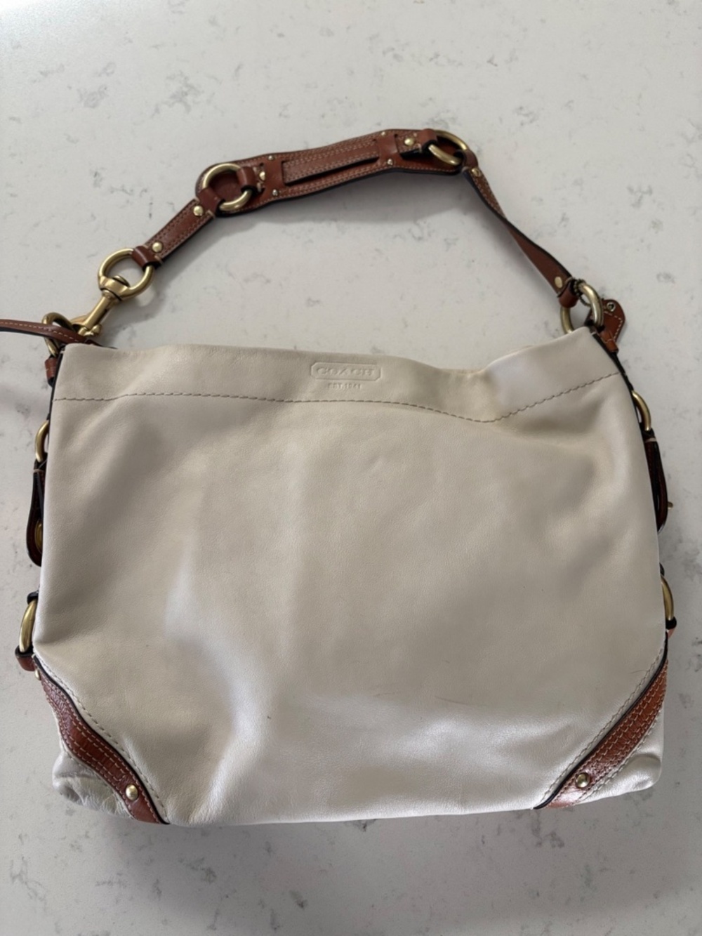 Coach Carly Ivory Leather Hobo Brown Trim Bag